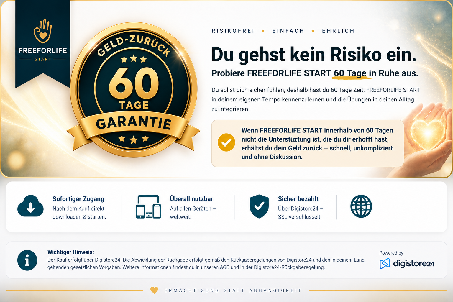 Details zur 60 Tage Geld-zurück-Garantie von FREEFORLIFE START